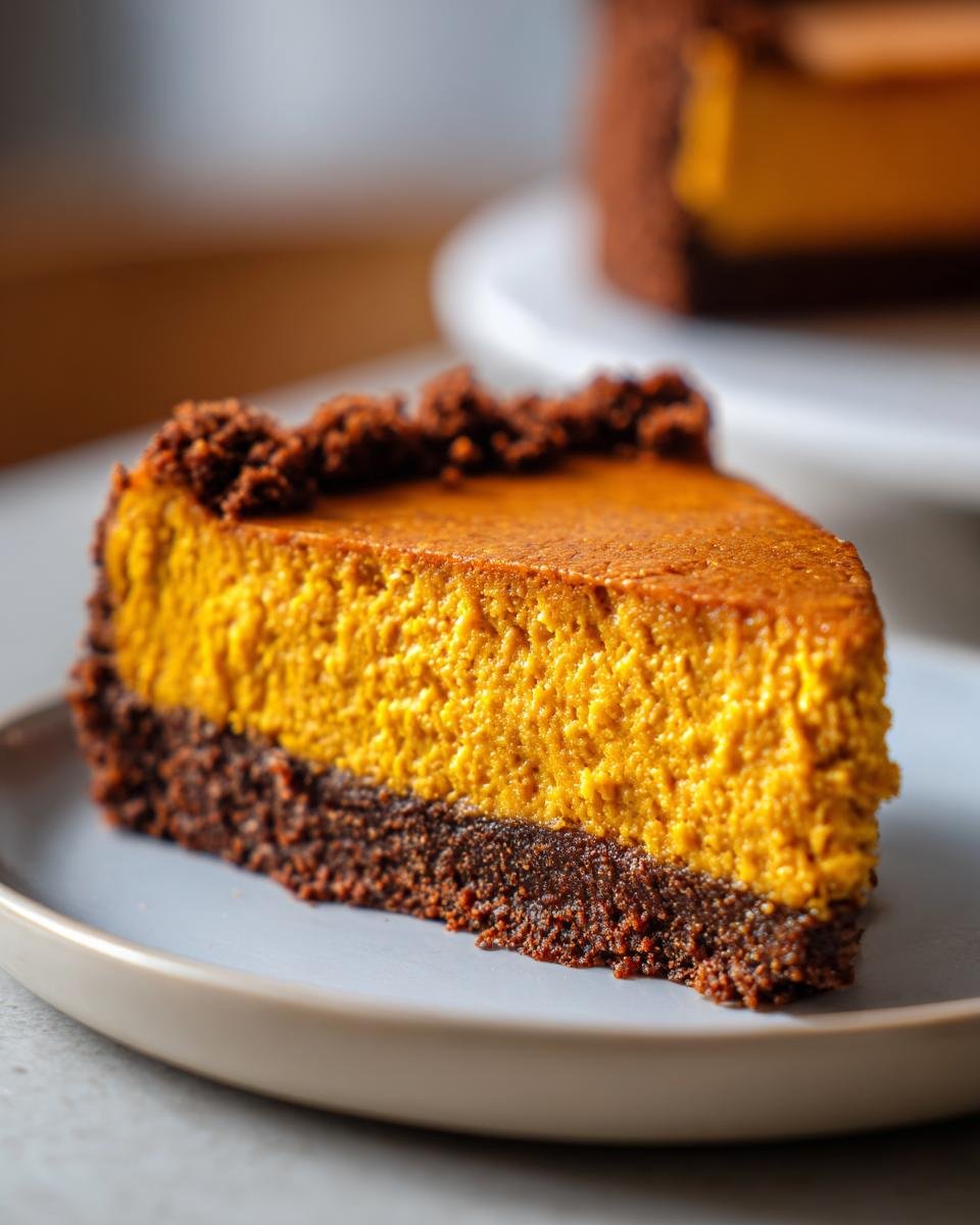 A thick slice of vibrant orange Pumpkin Cheesecake with a dark Biscoff cookie crust base.