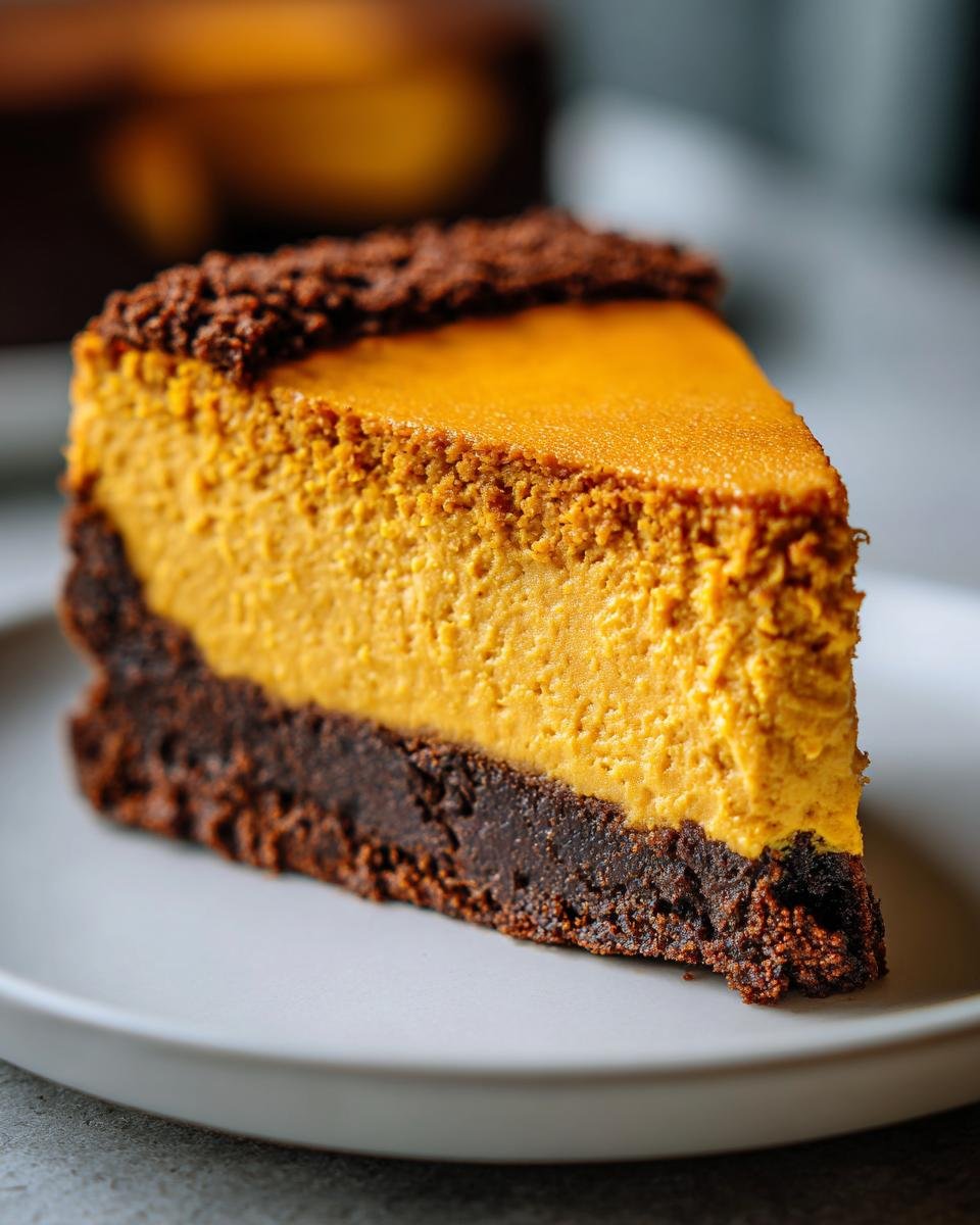 A close-up slice of rich orange pumpkin cheesecake resting on a dark, dense crust, ready to Indulge In Pumpkin Cheesecake With Biscoff Cookie Crust.