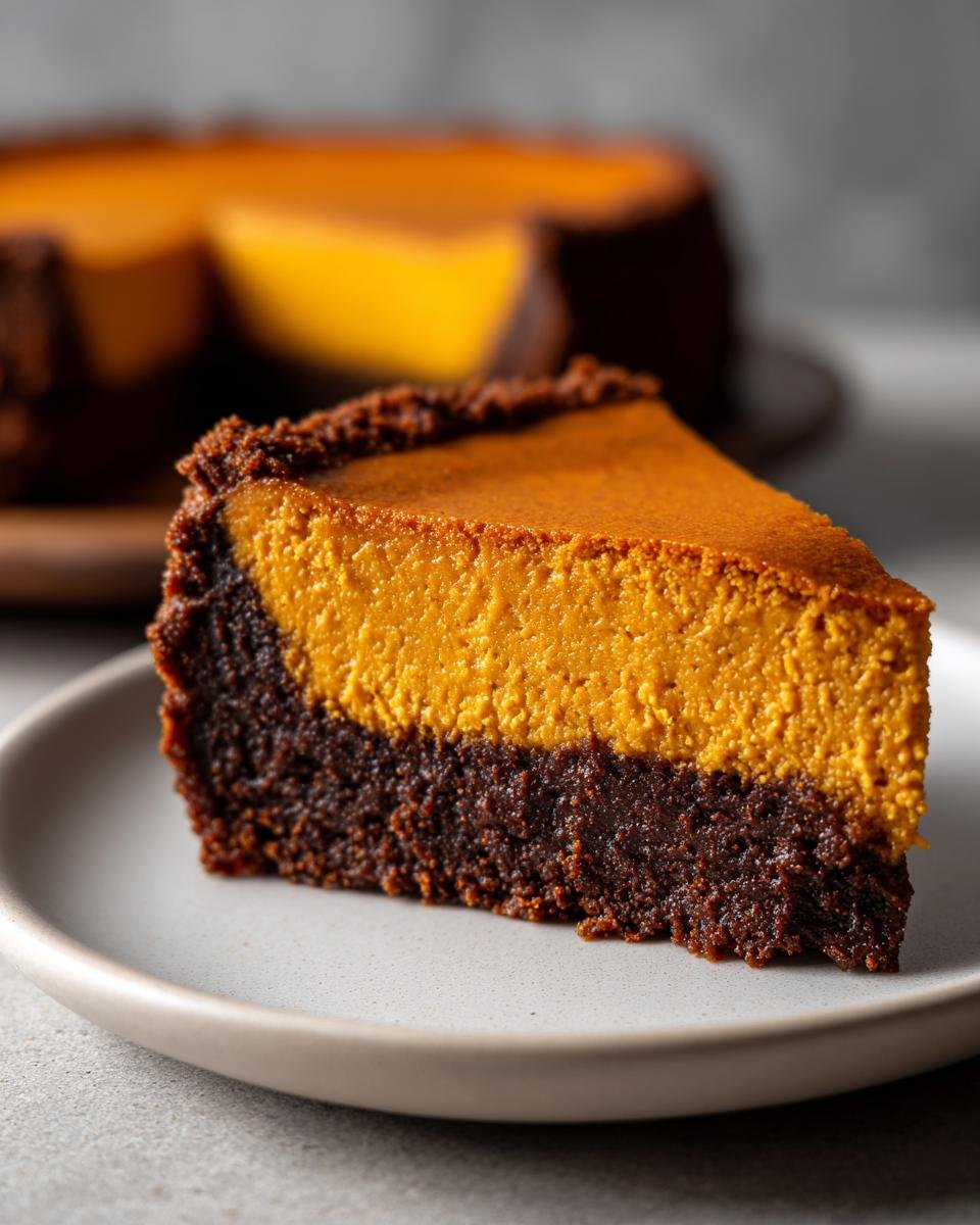 A close-up slice of pumpkin cheesecake with a thick, dark chocolate or Biscoff cookie crust layer.