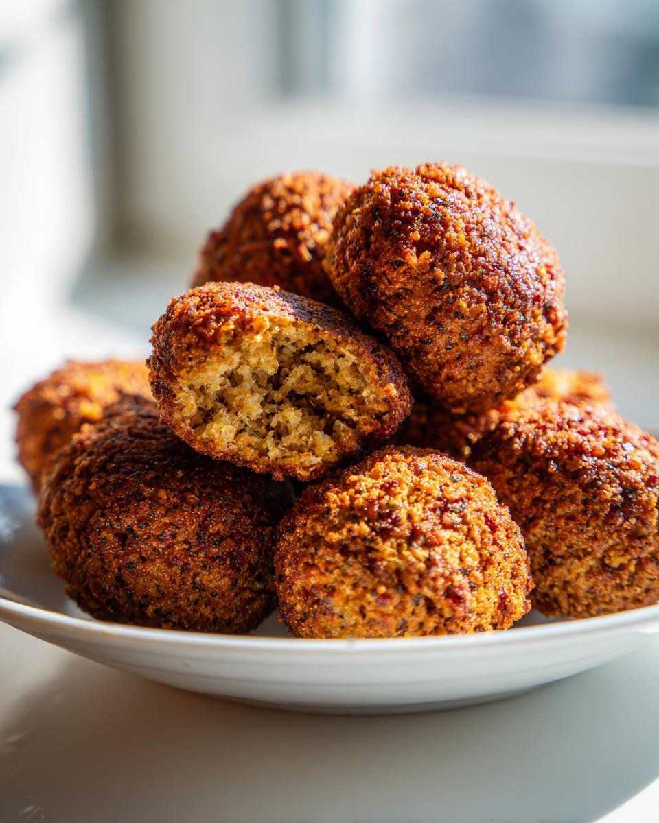 A close-up of golden brown, crispy falafel balls, one broken open to show the texture, demonstrating how to make Quick And Crispy Falafel In Minutes.