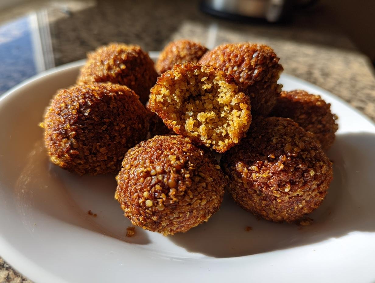 A close-up of golden brown, crispy falafel balls, one broken open showing the textured interior, demonstrating Quick And Crispy Falafel In Minutes.