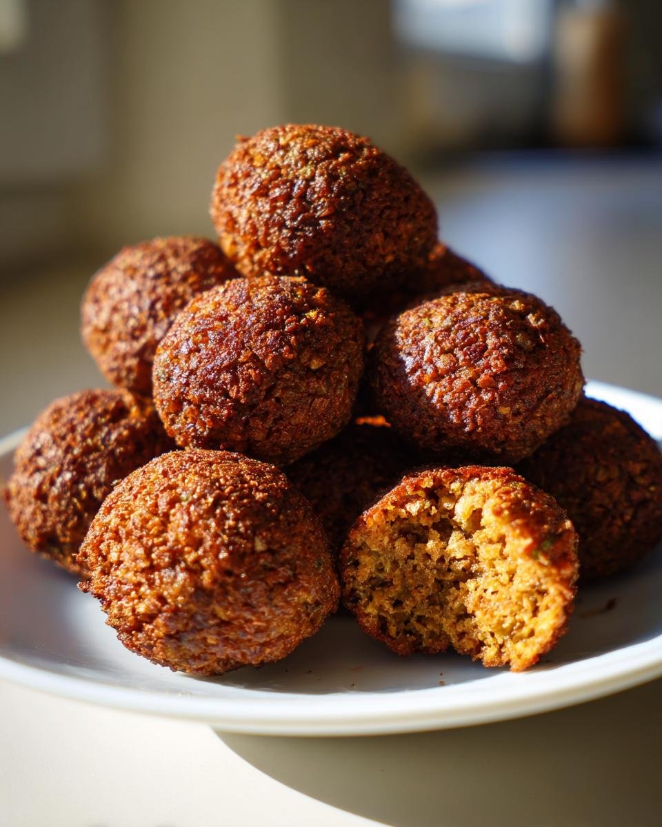 A stack of golden-brown, crispy falafel balls, with one bitten open to show the flavorful interior, highlighting Quick And Crispy Falafel In Minutes.
