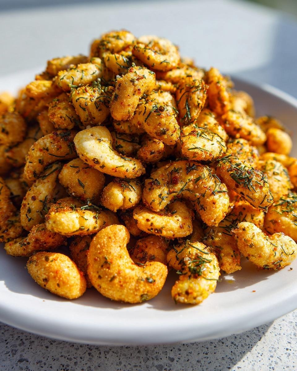 A close-up of a mound of Irresistible Ranch Oyster Crackers Recipe coated in savory seasoning and herbs.