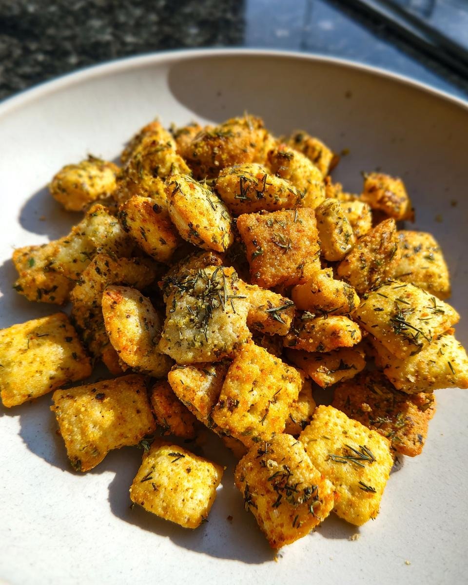 Close-up of a pile of seasoned, golden Ranch Oyster Crackers dusted with visible herbs.