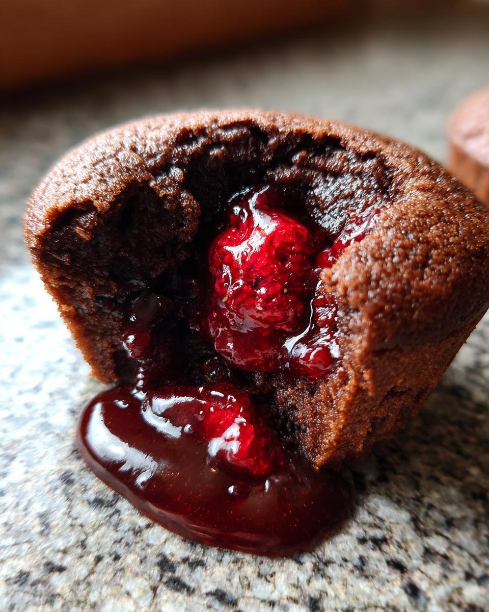 Close-up of an Irresistible Raspberry Chocolate Lava Cupcakes, cut open showing molten chocolate and a whole raspberry center oozing out.