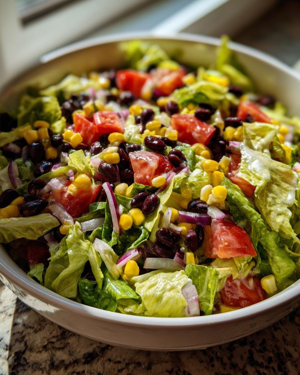 Close-up of a bowl filled with Refreshing Mexican Salad featuring lettuce, black beans, corn, tomatoes, and red onion.
