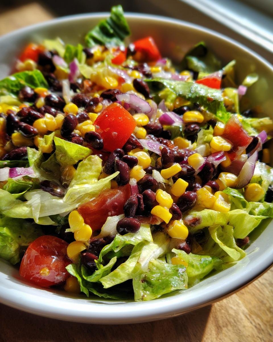 Close-up of a bowl filled with a Refreshing Mexican Salad featuring lettuce, black beans, corn, tomatoes, and red onion.