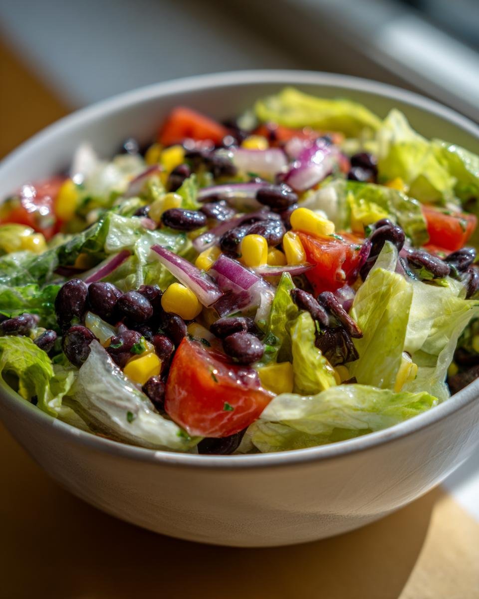 Close-up of a bowl filled with Refreshing Mexican Salad featuring lettuce, black beans, corn, tomatoes, and red onion.
