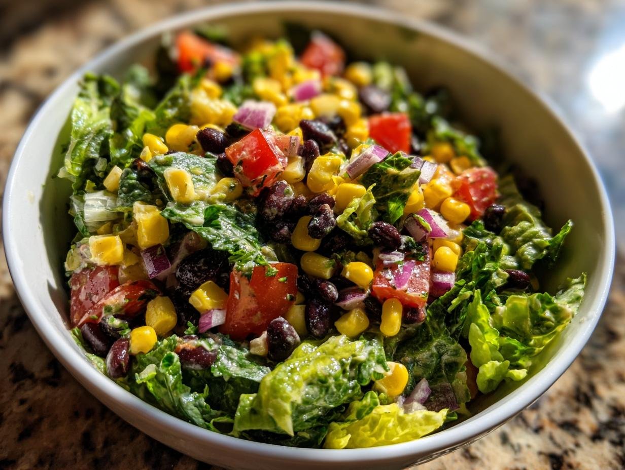 Close-up of a bowl filled with Refreshing Mexican Salad featuring lettuce, corn, black beans, tomatoes, and red onion.