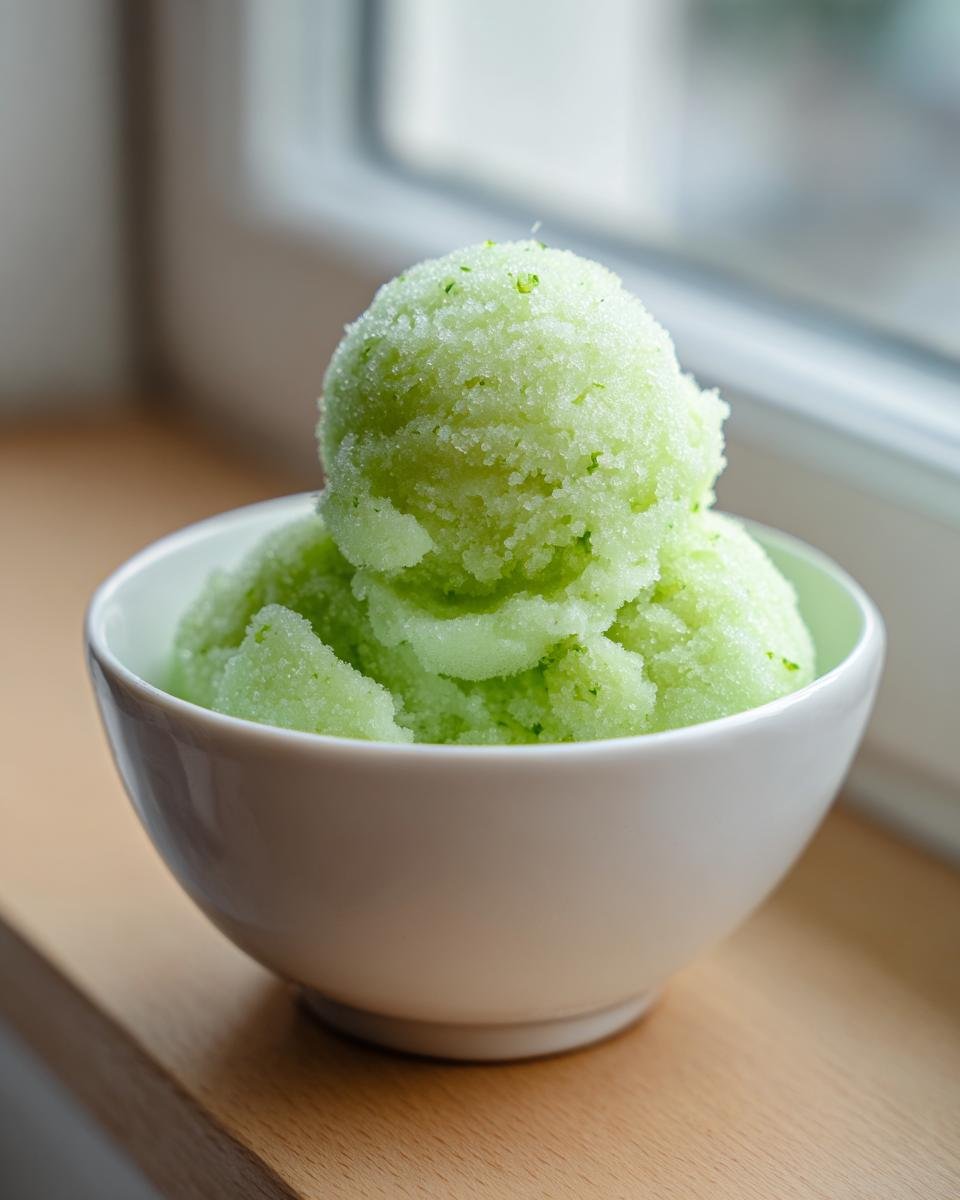 A white bowl filled with scoops of bright green Refreshing Pickle Margarita Sorbet with visible lime zest.