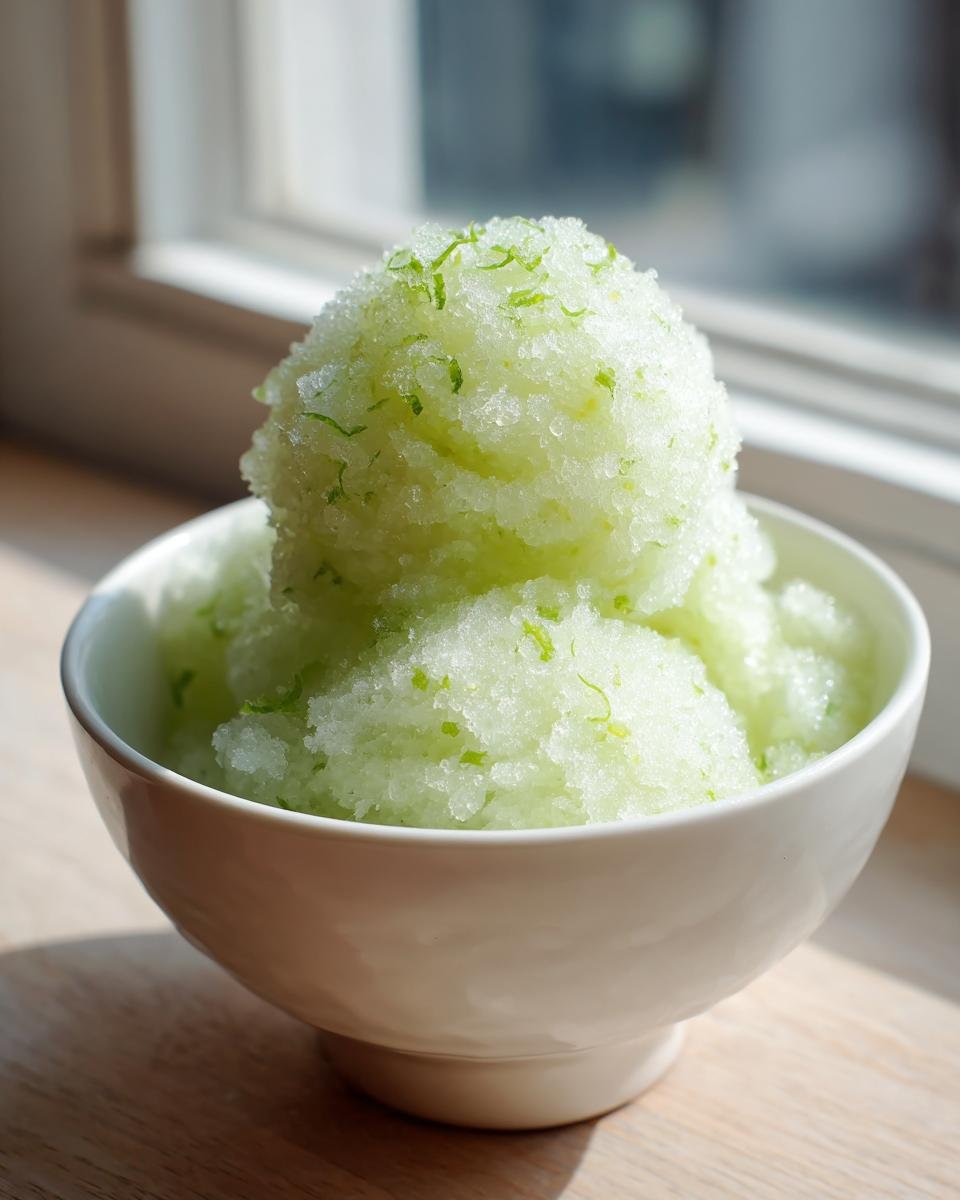 A scoop of light green, icy Refreshing Pickle Margarita Sorbet topped with bright lime zest in a white bowl.