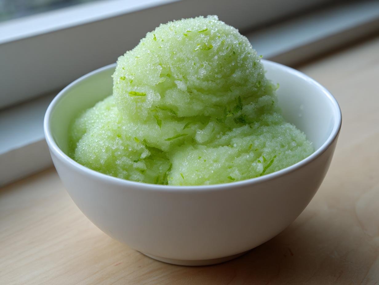 A scoop of bright green, icy Refreshing Pickle Margarita Sorbet topped with lime zest in a white bowl.