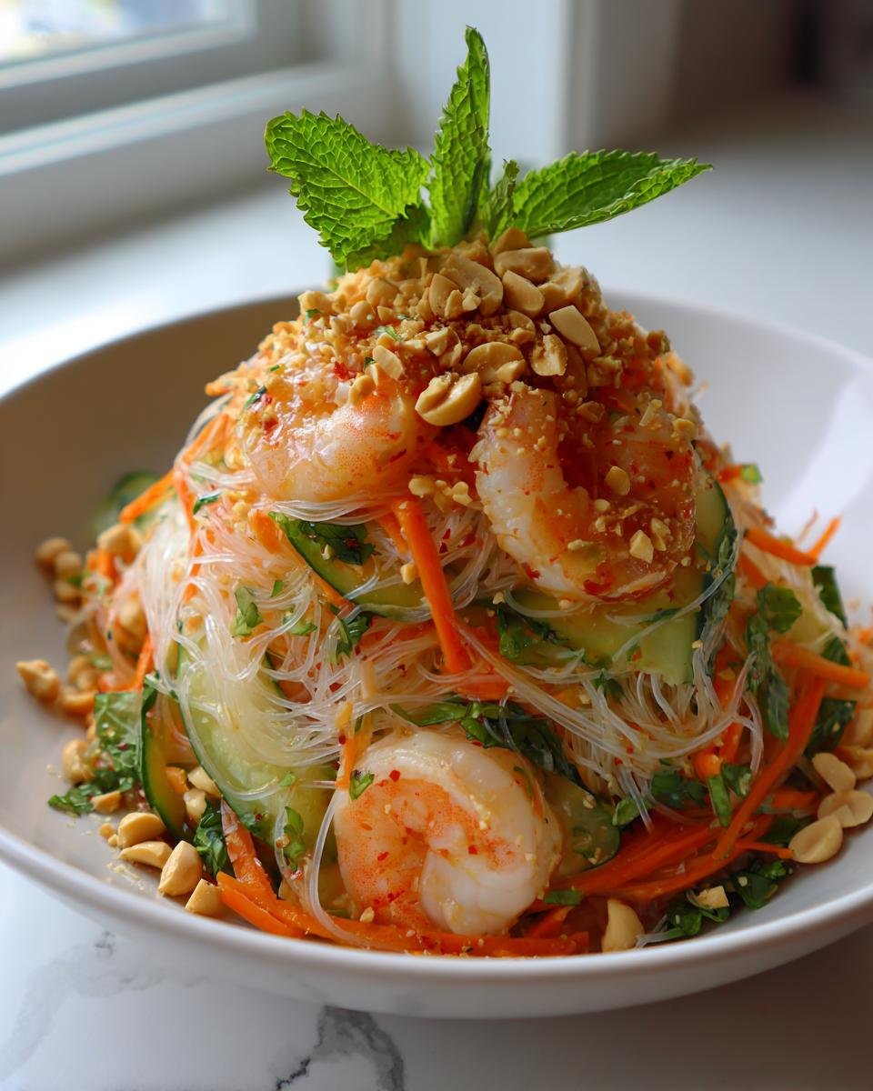 A bowl of Refreshing Spring Roll Salad featuring vermicelli noodles, shrimp, shredded carrots, cucumber, and topped with peanuts and mint.