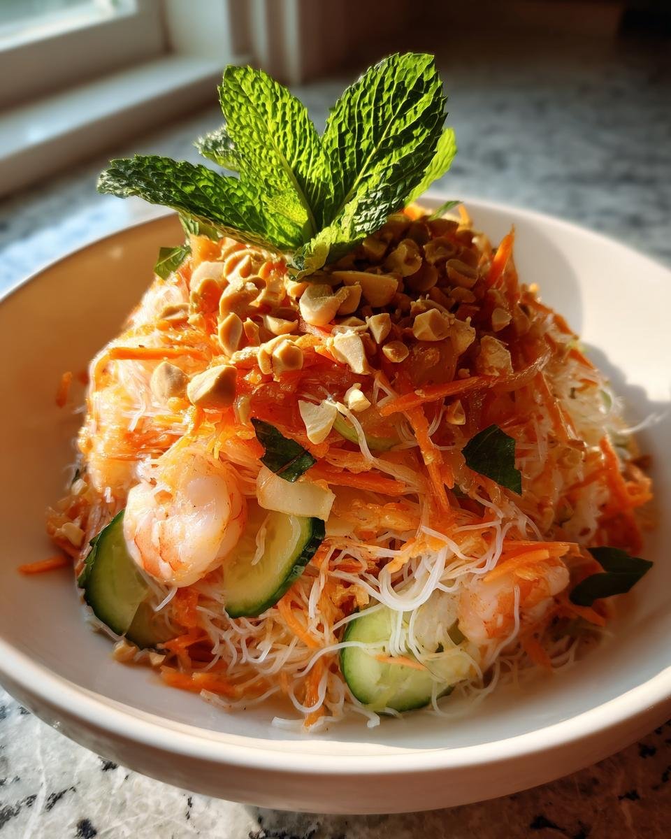 A bowl of Refreshing Spring Roll Salad featuring vermicelli noodles, shredded carrots, shrimp, cucumber, and topped with crushed peanuts and mint.