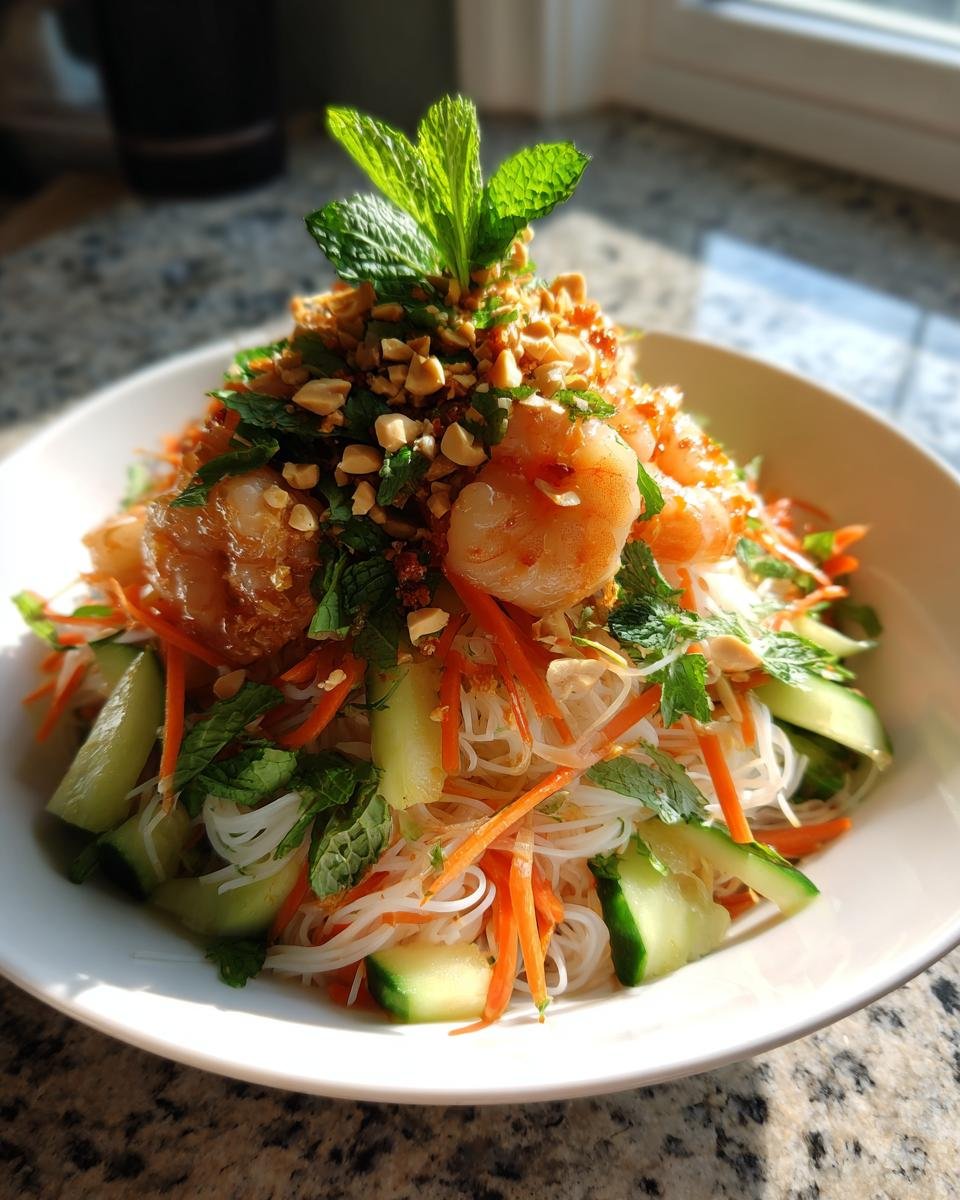 A vibrant bowl of Refreshing Spring Roll Salad With Spicy Ginger Dressing, topped with shrimp, crushed peanuts, and fresh mint.