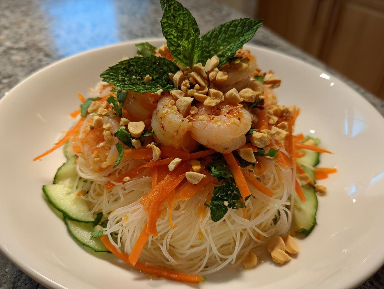 A bowl of Refreshing Spring Roll Salad featuring vermicelli noodles, shrimp, shredded carrots, cucumbers, and crushed peanuts.