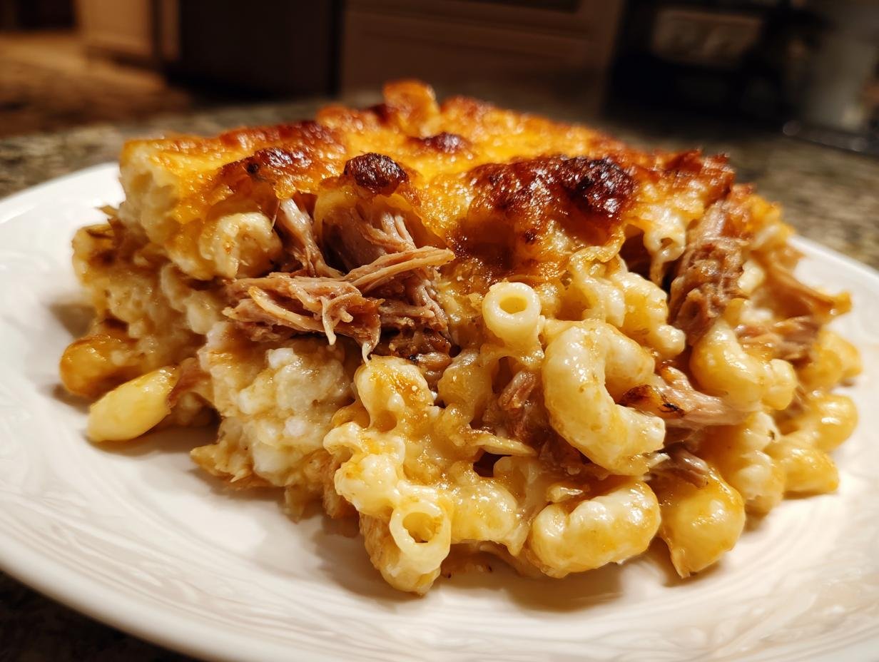 A hearty serving of Irresistible Rib Cage Mac Cheese Comfort Food Delight with a baked, cheesy top.