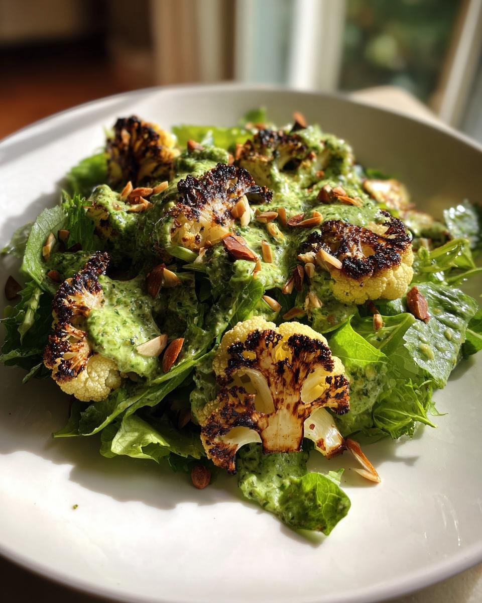 Close-up of Irresistible Roasted Cauliflower Green Goddess Salad with charred florets and creamy green dressing.