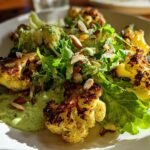 Close-up of Irresistible Roasted Cauliflower Green Goddess Salad with creamy green dressing and sliced almonds.