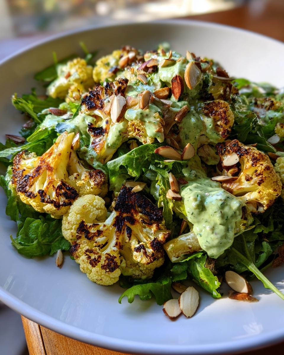 Close-up of Irresistible Roasted Cauliflower Green Goddess Salad topped with creamy dressing and sliced almonds.