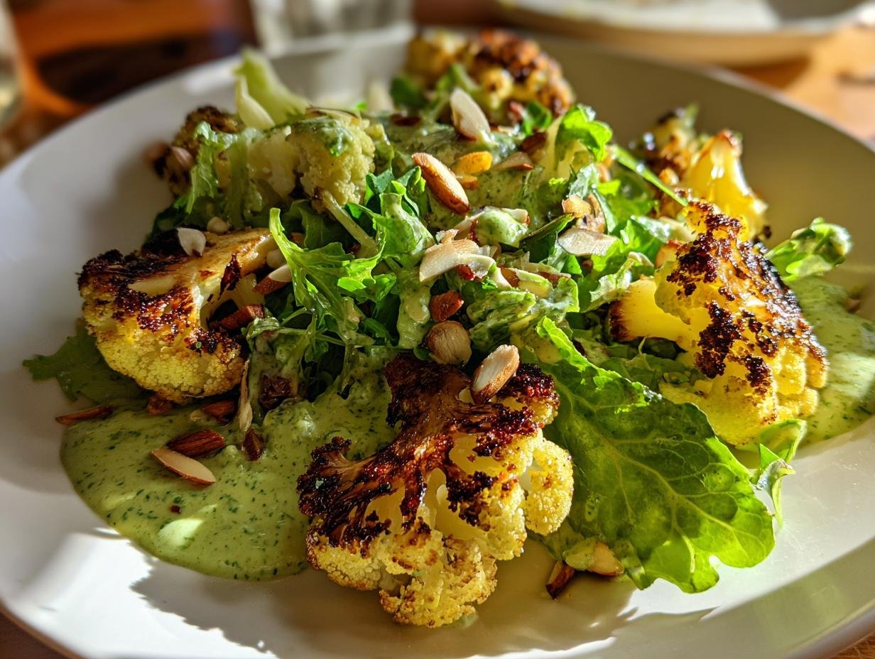 Close-up of Irresistible Roasted Cauliflower Green Goddess Salad with creamy green dressing and sliced almonds.