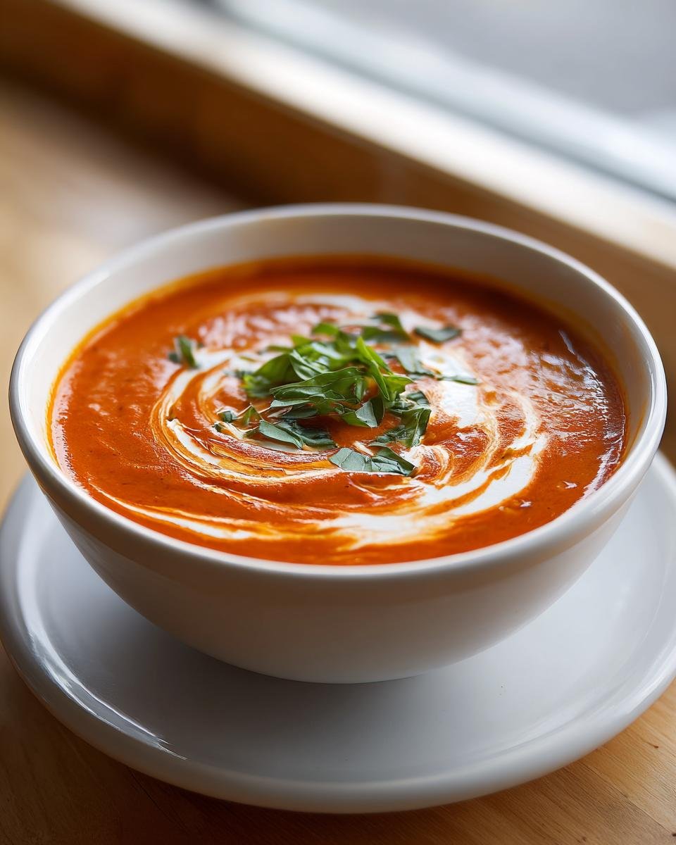 A close-up of a bowl of Irresistible Roasted Tomato Basil Soup, garnished with a cream swirl and fresh basil.