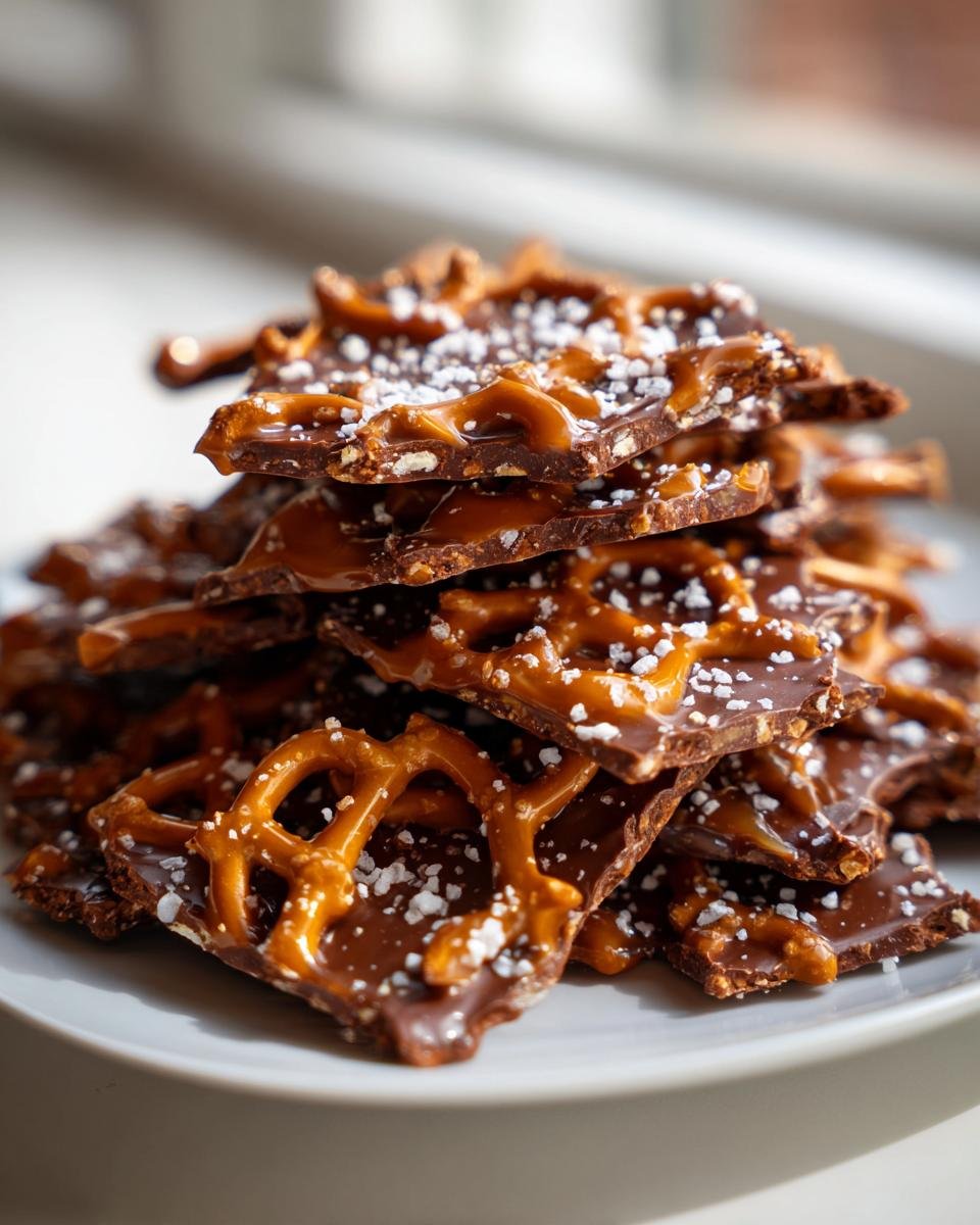 A stack of broken pieces of Irresistible Salted Caramel Pretzel Bark, showing chocolate, caramel, and sea salt.