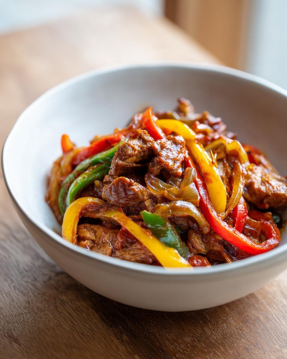 Close-up of Savory Basque Chicken And Peppers Recipe Youll Love, featuring rich sauce and colorful bell peppers.
