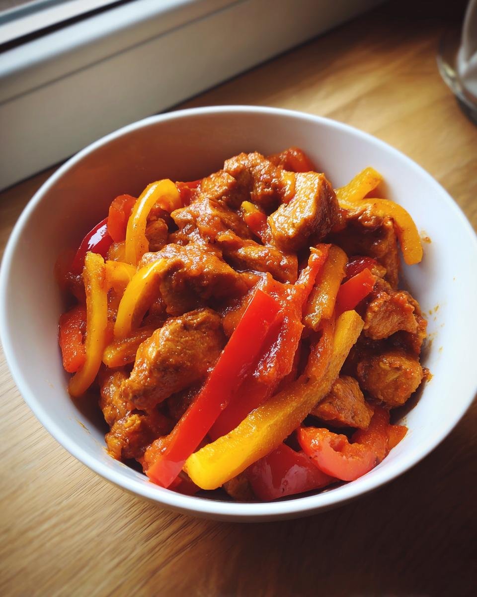 Close-up of Savory Basque Chicken and Peppers in a white bowl with rich red sauce.