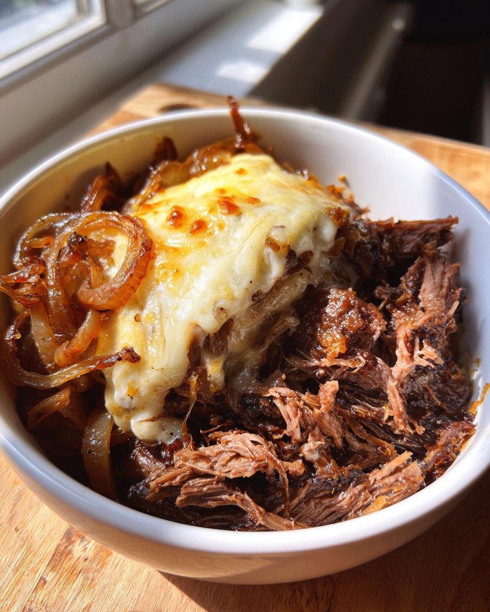 Close-up of shredded beef from the Irresistible Savory French Onion Pot Roast Recipe topped with caramelized onions and melted cheese.
