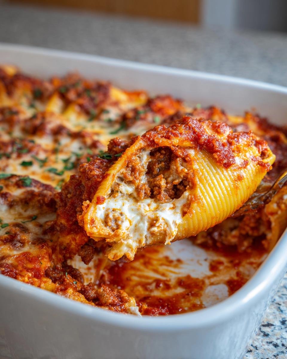 A close-up of a fork lifting one stuffed shell from a baking dish of Irresistible Italian Stuffed Shells Bake.