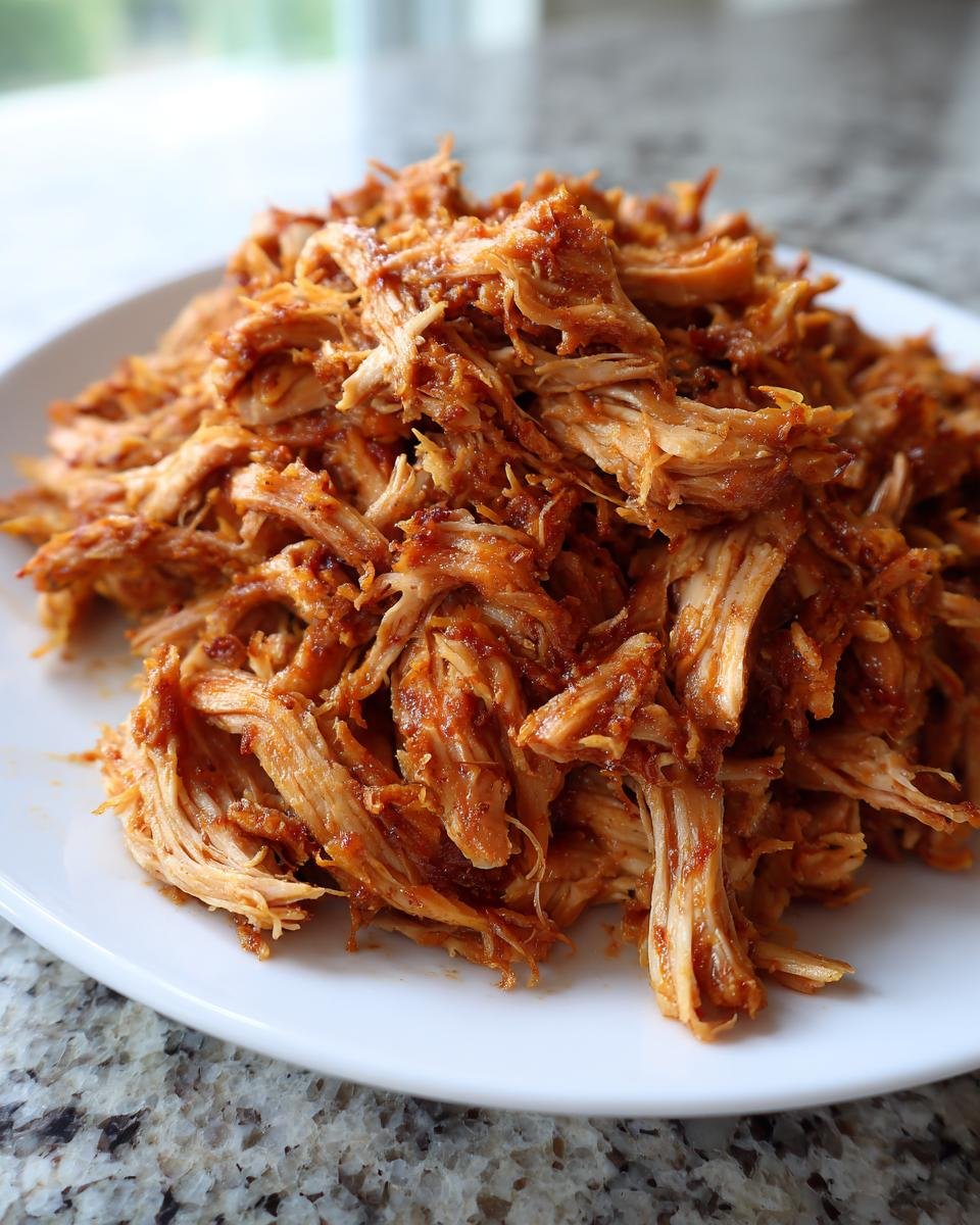 A close-up of perfectly shredded, saucy meat from the Flavorful Crockpot Carnitas Recipe piled high on a white plate.