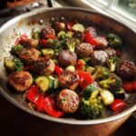 Close-up of sizzling apple chicken sausage and mixed vegetables like broccoli, zucchini, and red peppers in a stainless steel skillet.
