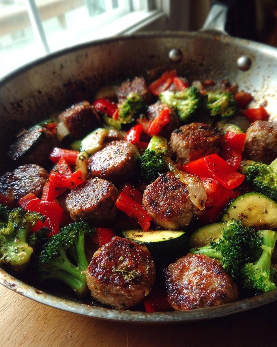 Close-up of sizzling apple chicken sausage and vegetables including broccoli, red peppers, and zucchini in a metal skillet.
