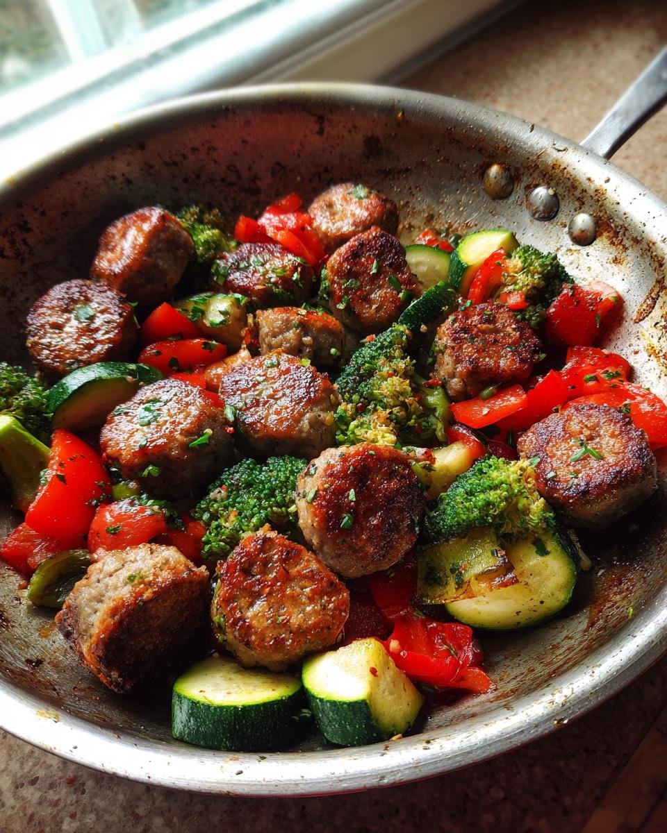 Close-up of Sizzling Apple Chicken Sausage And Vegetable Skillet Recipe featuring browned sausage, zucchini, red peppers, and broccoli.