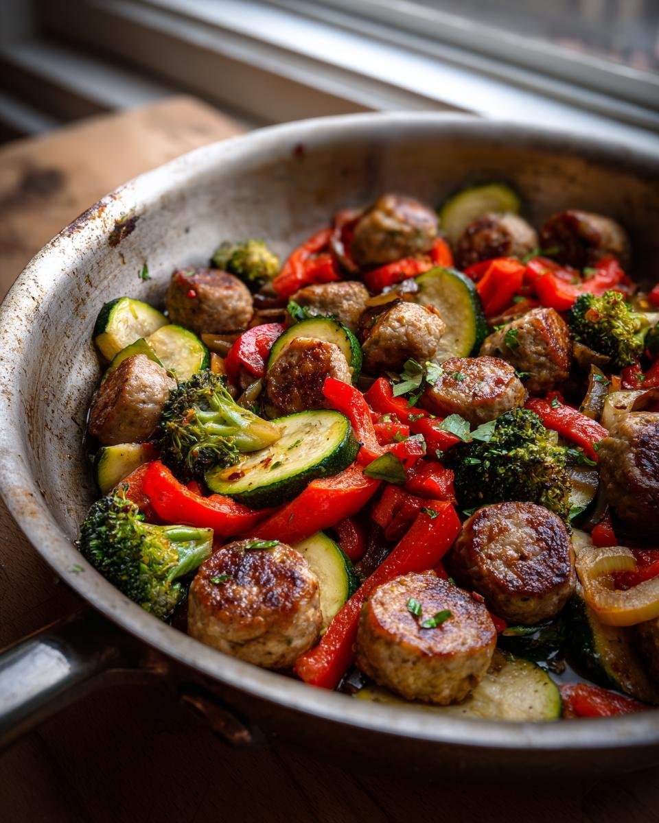 Close-up of sliced apple chicken sausage sizzling with zucchini, red peppers, and broccoli in a skillet.