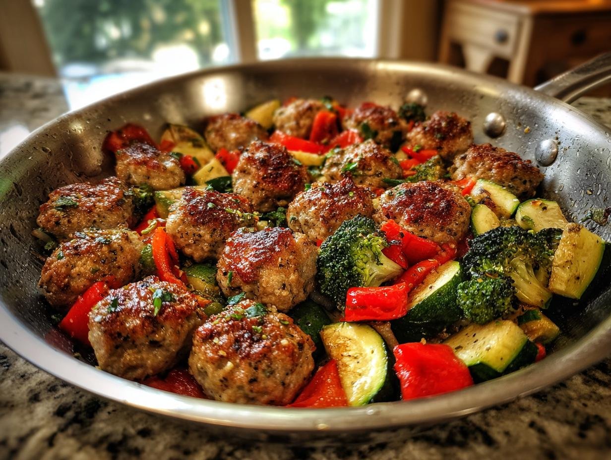 Close-up of sizzling apple chicken sausage meatballs cooked with zucchini, broccoli, and red peppers in a stainless steel skillet.