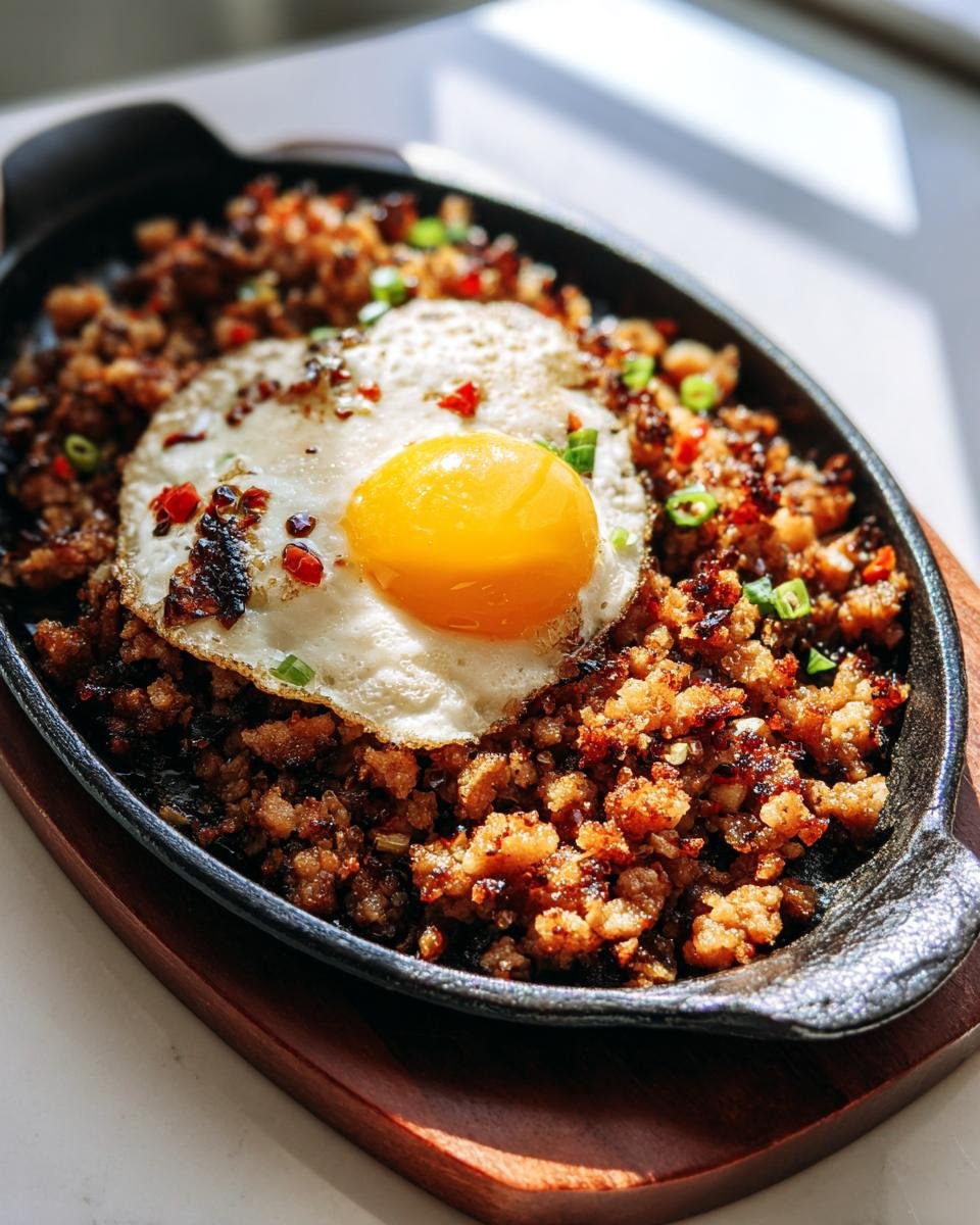 A close-up of Sizzling Sisig Matua served on a hot cast iron plate, topped with a perfectly cooked sunny-side-up egg.