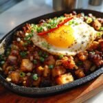 Close-up of Sizzling Sisig Matua served on a hot cast iron plate, topped with a sunny-side-up egg and green onions.