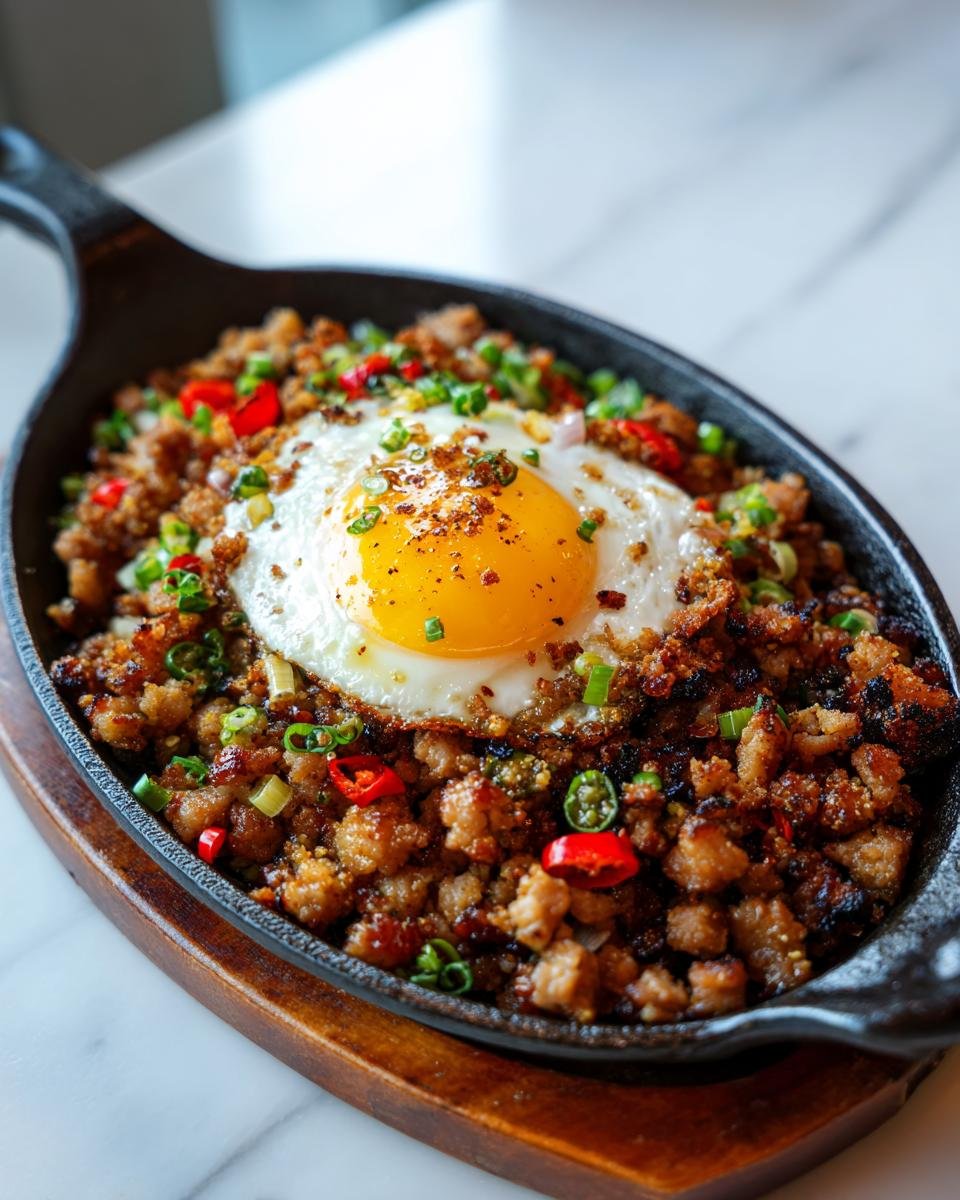 Close-up of Sizzling Sisig Matua served hot in a cast iron skillet, topped with a sunny-side-up egg and chili.