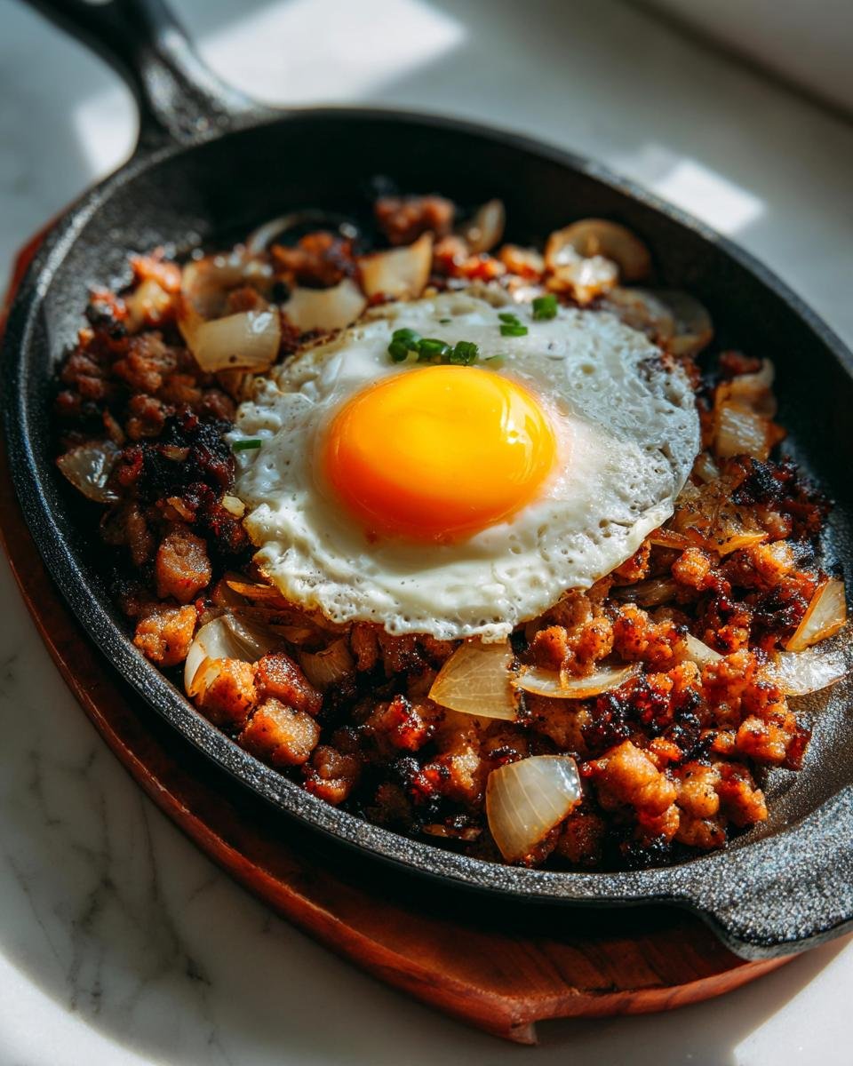 A close-up of Sizzling Sisig Matua served on a hot cast iron plate, topped with a perfectly cooked sunny-side-up egg and onions.