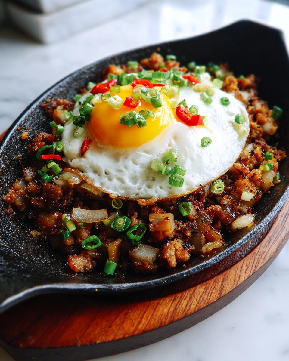 Close-up of Sizzling Sisig Matua topped with a sunny-side-up egg, green onions, and chili on a hot cast iron platter.