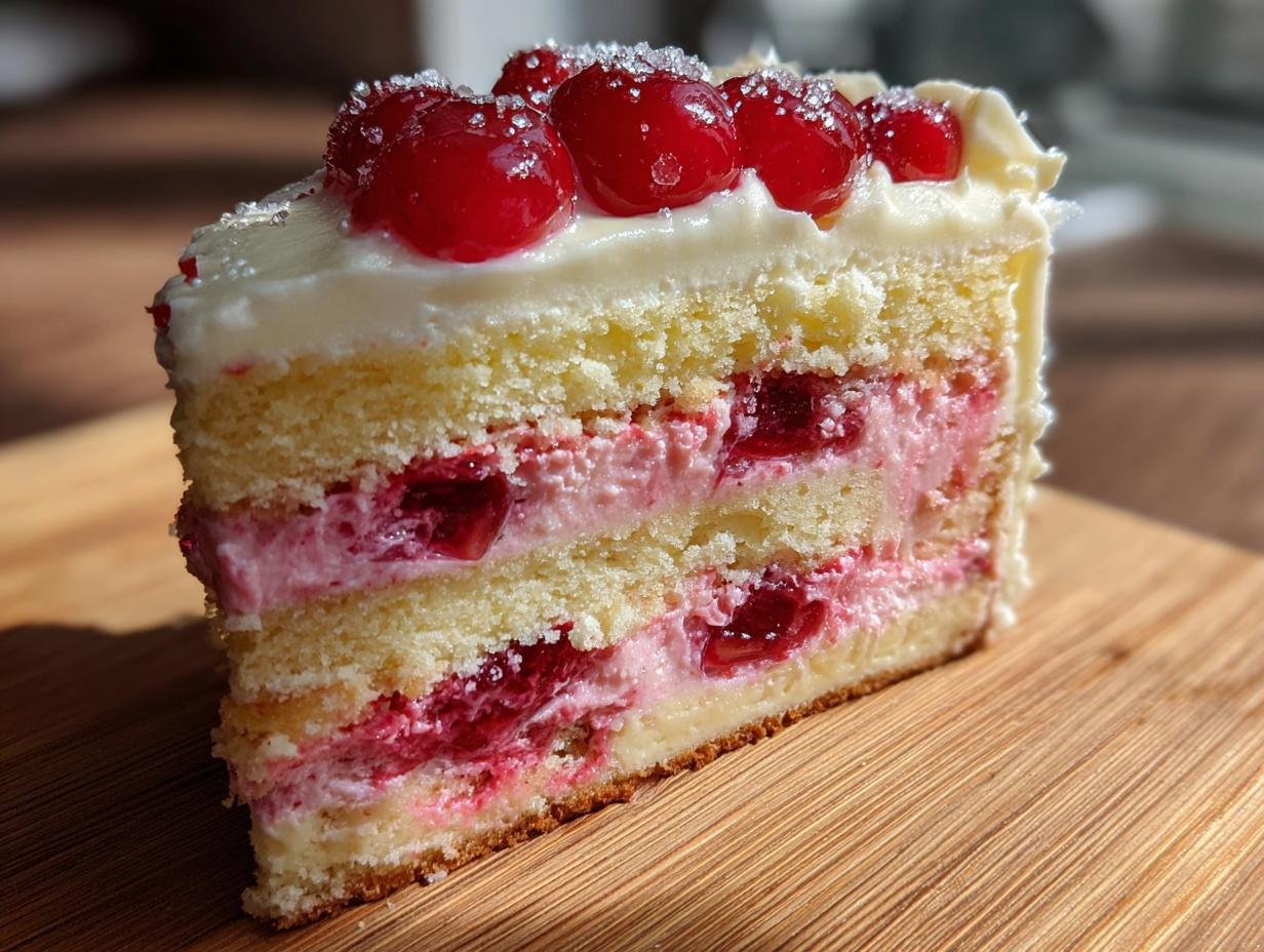 Close-up of a slice of Irresistible Cherry Layer Cake With Cream Cheese Frosting showing layers of cake, pink filling, and cherries.