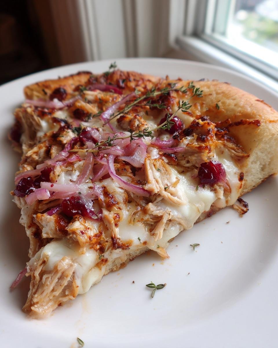 Close-up of a slice of Irresistible Cranberry Chicken Brie Pizza topped with melted brie, shredded chicken, red onion, and thyme.