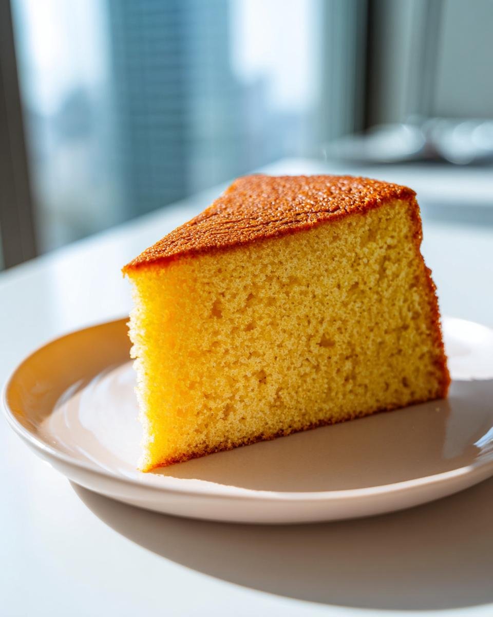 A close-up slice of golden Irresistible French Butter Cake with a rich, fine crumb texture.