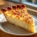 A thick slice of Irresistible Coconut Custard Pie showing a creamy white filling and a deeply toasted, golden-brown coconut topping.