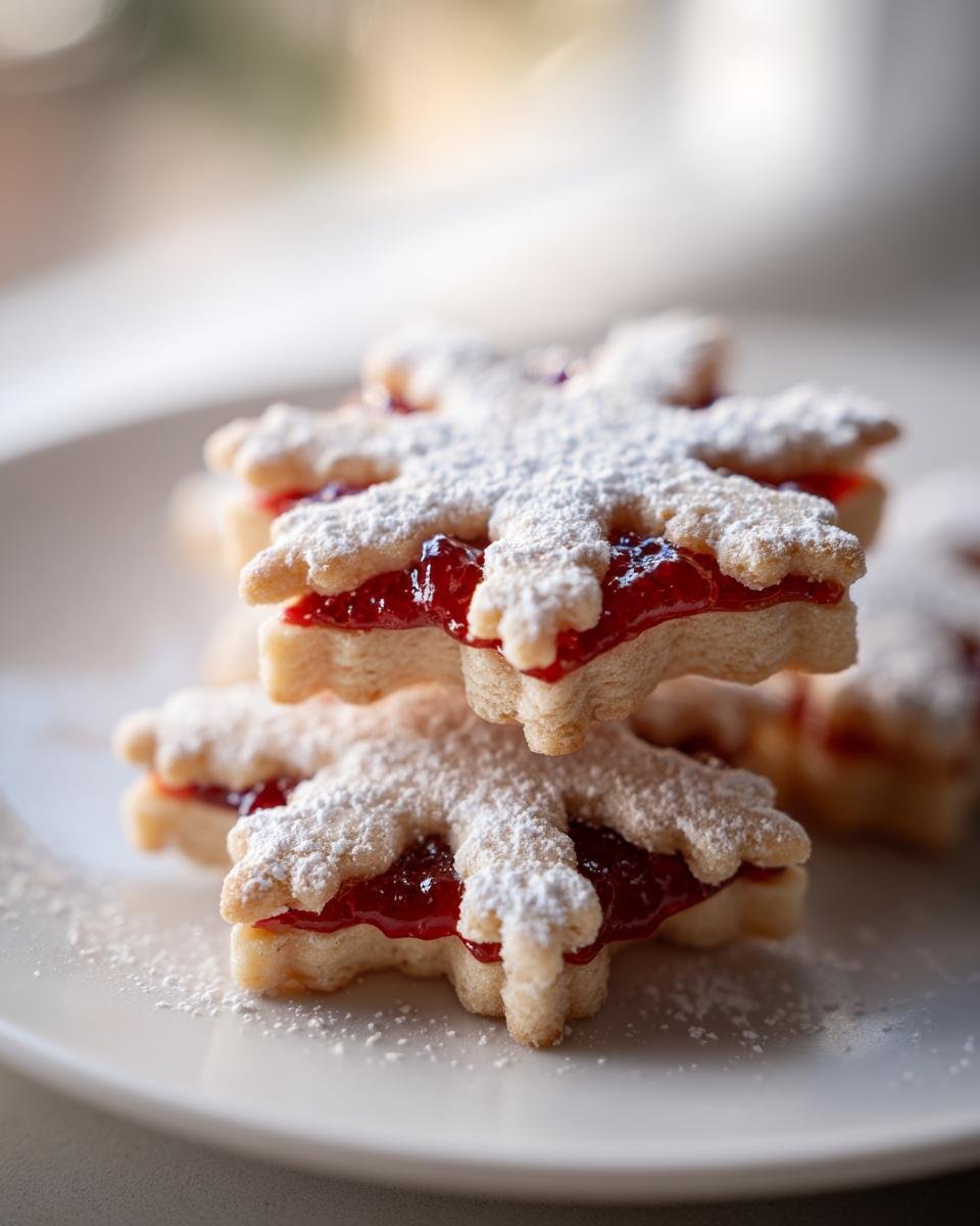 Close-up of stacked Irresistible Snowflake Linzer Cookies filled with bright red raspberry jam and dusted with powdered sugar.