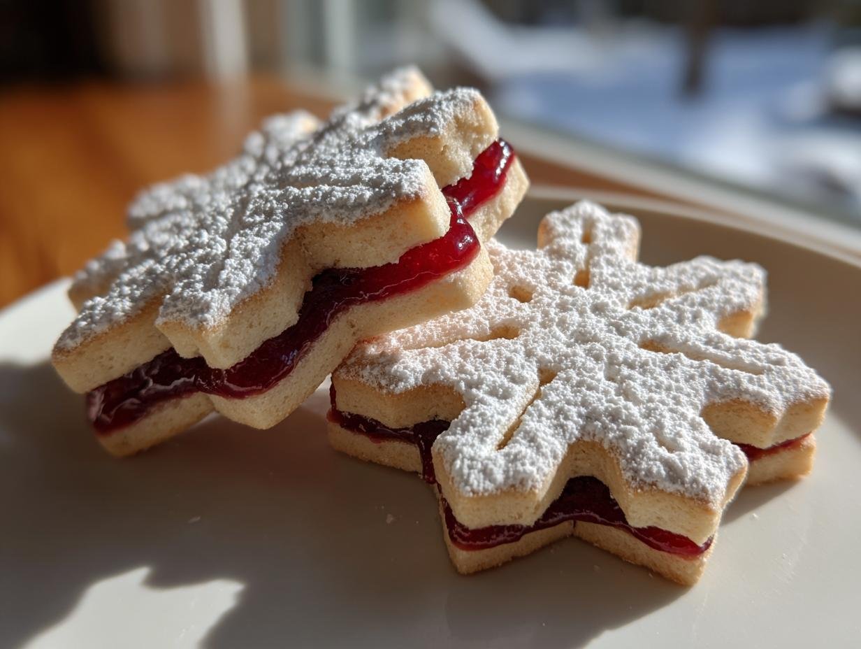 Two Irresistible Snowflake Linzer Cookies filled with bright red raspberry jam and dusted heavily with powdered sugar.