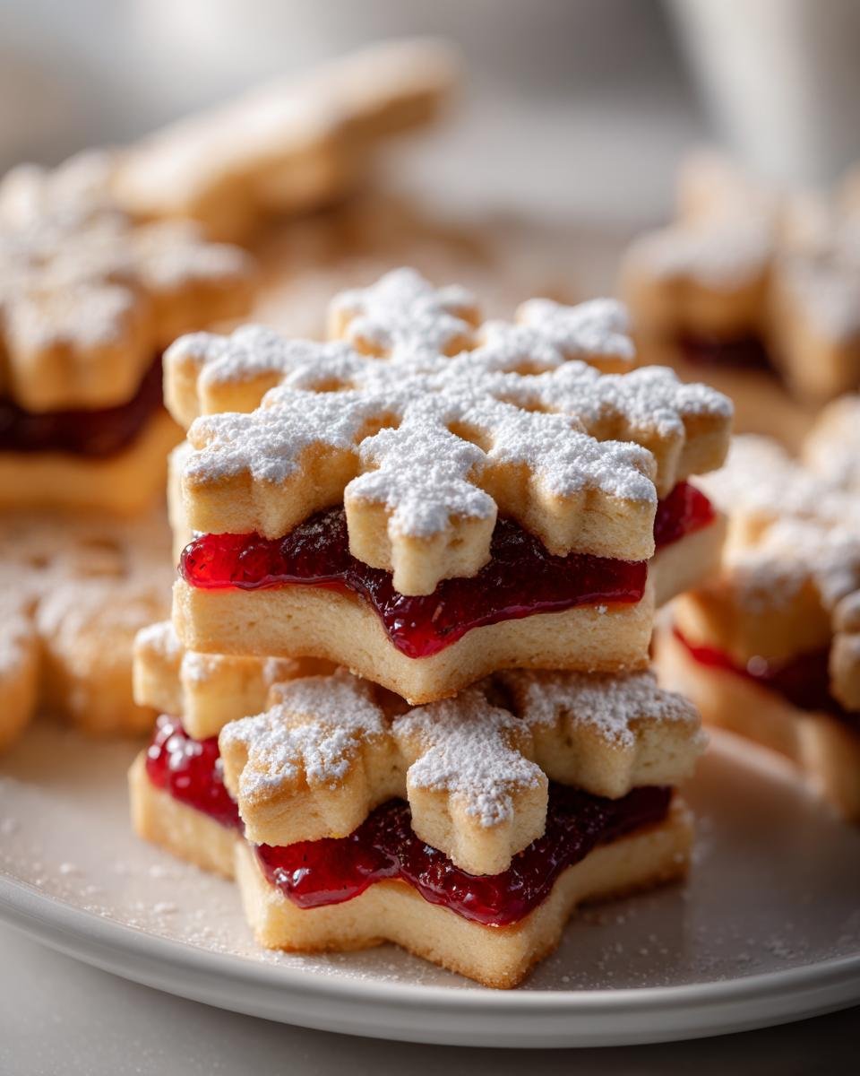 A stack of two Irresistible Snowflake Linzer Cookies filled with bright red raspberry jam and dusted with powdered sugar.