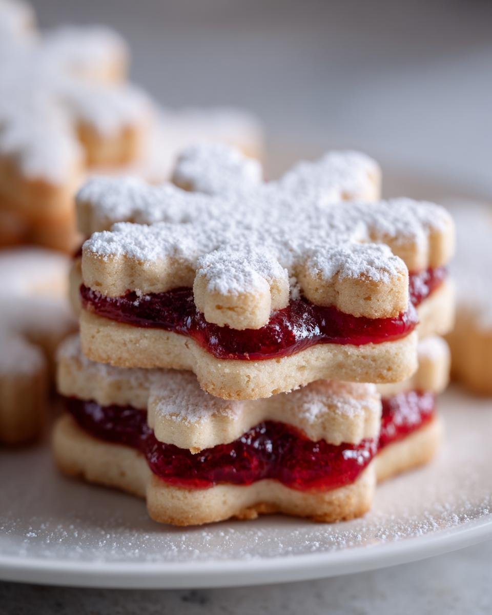 Close-up of two Irresistible Snowflake Linzer Cookies stacked, filled with bright red raspberry jam and dusted with powdered sugar.